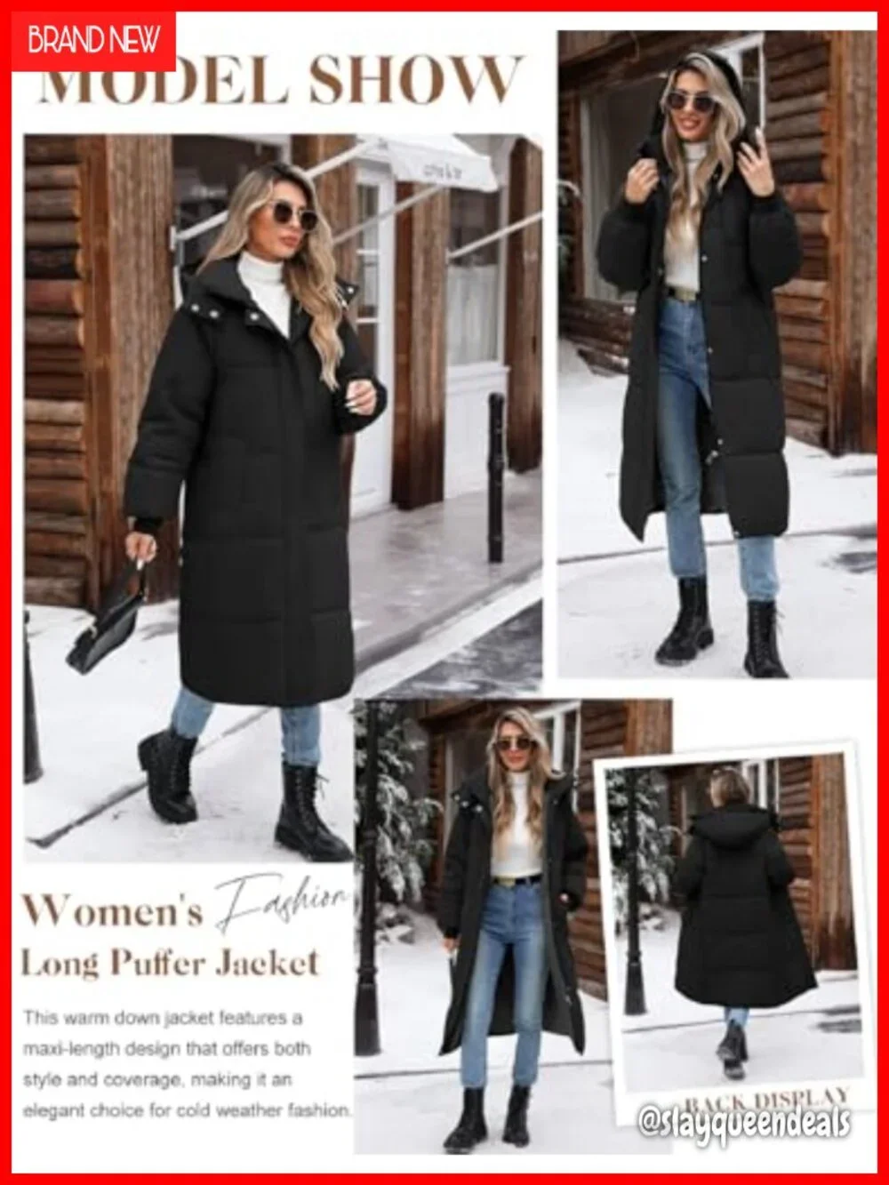 Winter Long Puffer Coat Hooded Parka Full Length Down Zip Front